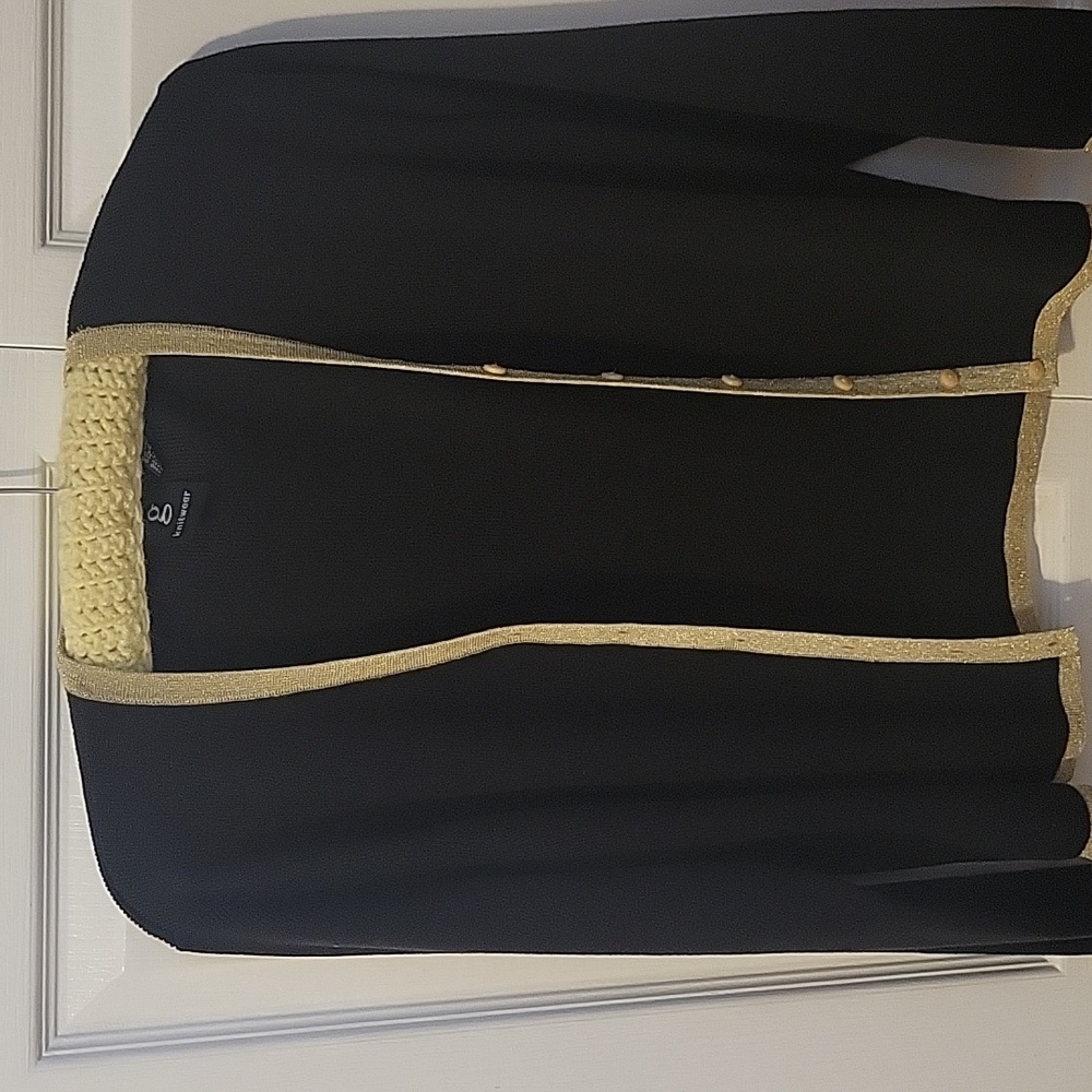 Black Sweater With Gold Trim- V Neck Front Button Down- Gold Trim Around Sleeves